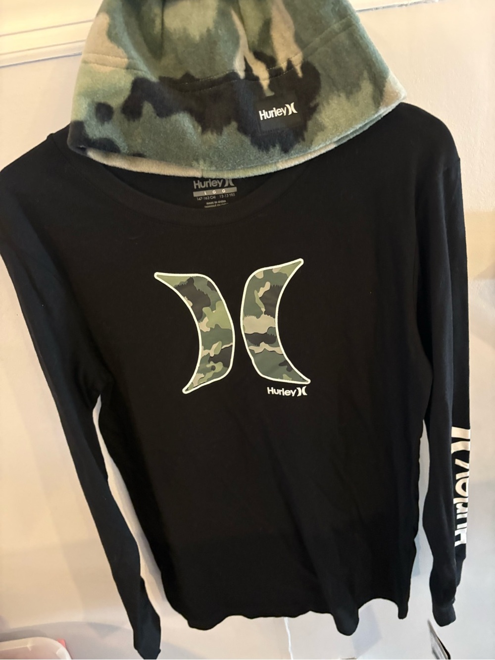 Hurley Black Long-Sleeve Tee with Green Camo Logo